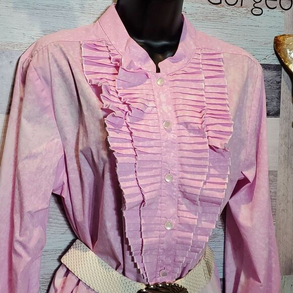 Hey Sue! Bob Mackie VINTAGE Upcycled Splatter Pink Ruffle Tux Blouse Sz L Button - Picture 3 of 11